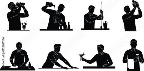 Bartender silhouette set with professional mixologists shaking cocktails, pouring drinks, serving customers, and cleaning the bar for hospitality, nightlife, and restaurant vector design