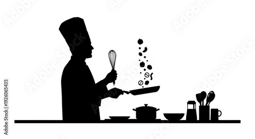 Professional Chef Cooking Silhouette with Tossing Ingredients