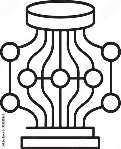 Quantum computer core with qubit spheres connected, futuristic abstract black outline.