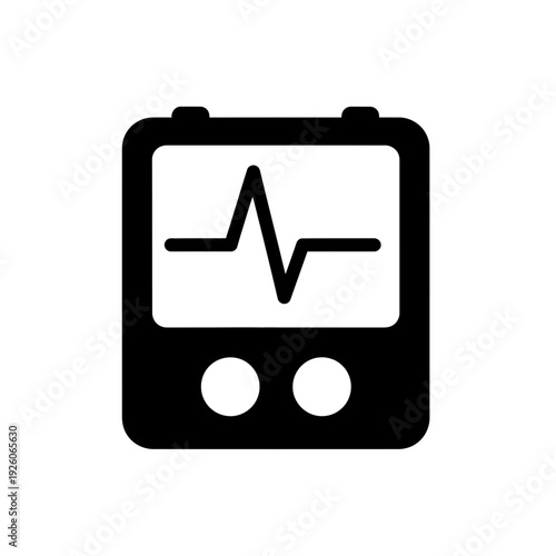 A black and white icon of a defibrillator with an ekg reading on the screen