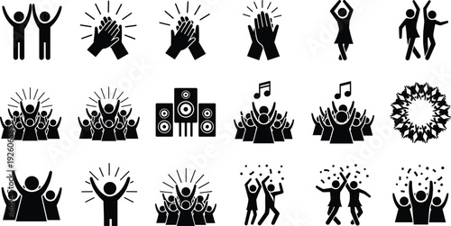 Celebration event icon set featuring vector silhouettes of people clapping hands, cheering crowd, dancing party, music speakers, confetti, and joyful audience symbols.