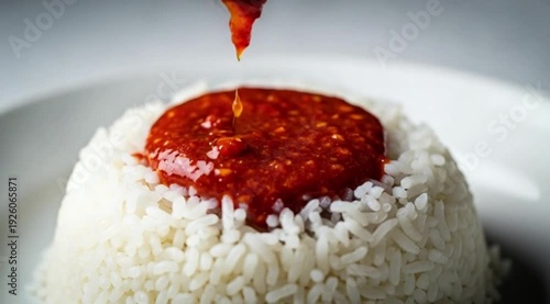 A spoonful of fiery red Sambal Terasi is being drizzled over a simple plate of rice. Extreme close-up, slow-motion splash implied