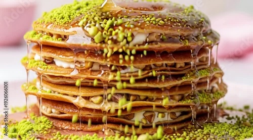 A stack of delicate, syrup-soaked Atayef pancakes, drizzled with rosewater syrup and crushed pistachios. Soft, diffused light, pastel-colored background