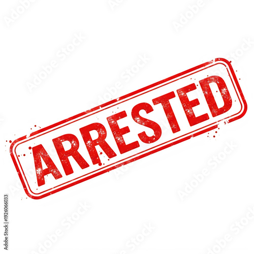 A bold and striking image of a red arrested stamp with white text. isolated on transparent background