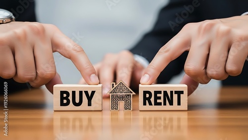 The decision between buying and renting a property illustrated by hands and blocks.