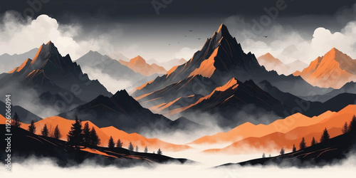 Cinematic mountain landscape illustration featuring dark layered peaks and glowing orange mist in the valleys, creating a bold and atmospheric background ideal for posters and creative design.