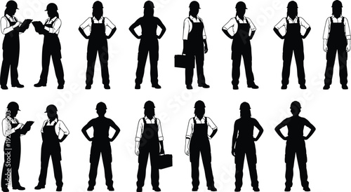 Female construction worker silhouette vector set featuring women in hard hats, overalls, holding clipboards, and carrying toolboxes for industrial and engineering design.