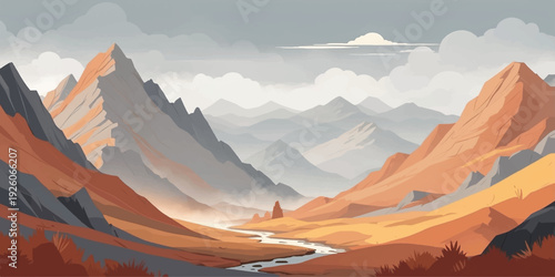 Stylized mountain valley illustration featuring dramatic rocky peaks and a winding river flowing through layered terrain, creating a bold and atmospheric travel-inspired background.