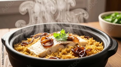 A steaming clay pot of Sayadieh (fish with rice and caramelized onions) being opened, steam billowing out. Rustic setting, natural light