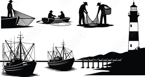 Fisherman silhouette set with lighthouse, fishing boats, trawlers, and workers using nets for nautical, maritime, ocean, sea industry, and coastal vector design projects
