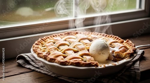 A steaming, freshly baked apple pie sitting on a windowsill, with a flaky, lattice crust. A scoop of vanilla ice cream is melting on a slice