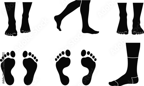 Human foot silhouette collection with barefoot footprints, walking legs, and side profile icons for podiatry, health, medical, and anatomical vector design projects
