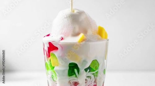 A tall glass being filled with Es Campur (mixed ice dessert). You can see the layers of colorful jellies, avocado, jackfruit, and coconut being added
