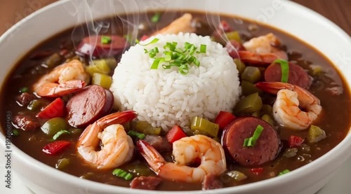 A traditional Louisiana shrimp and sausage gumbo in a white bowl, with a scoop of white rice in the center