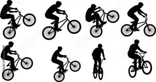 BMX rider silhouettes performing freestyle tricks and jumps, extreme cycling action poses isolated on white background for urban sport, competition, and motion design