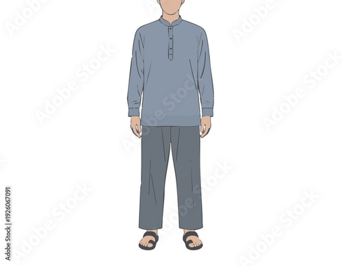 flat vector illustration of men modest outfit, long sleeve koko shirt, long pants