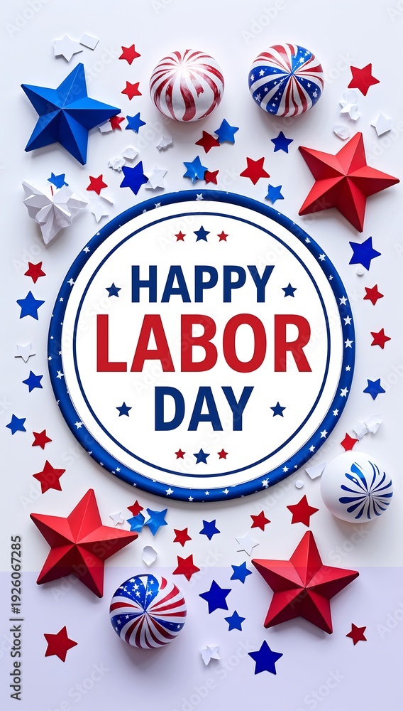 Obraz premium Happy labor day celebration with red, white, and blue stars and balls on white background