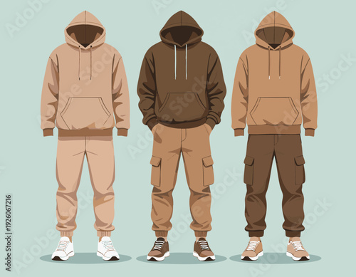 flat vector of men streetwear outfit, oversized hoodie, cargo pants, sneakers