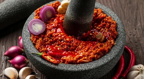 A traditional stone mortar and pestle (cobek) filled with a freshly ground red spice paste (bumbu) for rendang or sambal