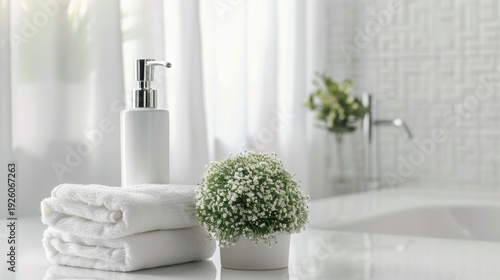 A bright and clean modern bathroom interior featuring fresh white towels, a soap dispenser, and a small green potted plant next to a bathtub.