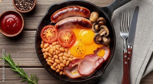 A traditional, hearty Full English Breakfast in a cast-iron skillet sausage, bacon, eggs, beans, tomato, and mushrooms