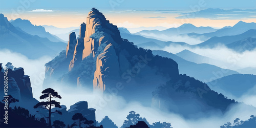Majestic rocky mountain peak emerging above layers of mist and blue mountain ranges at sunrise. Atmospheric panoramic landscape with soft fog, tranquil mood, and cinematic natural scenery ideal for tr