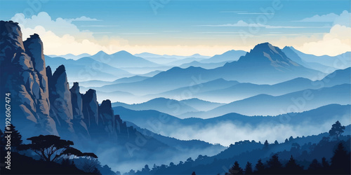Scenic panoramic view of layered blue mountain ranges fading into mist during sunrise. Dramatic rocky cliffs in the foreground with soft atmospheric haze creating a tranquil and cinematic natural land