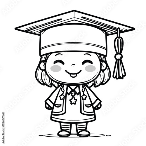 Adorable graduate student in cap and gown ready for coloring.