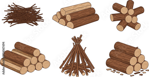 Firewood and Timber Log Collection with Stacked Wood, Campfire Kindling and Rustic Lumber Elements for Camping and Outdoor Designs
