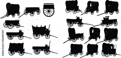 Wagon silhouettes, cart icons, historical transport, vintage vector, wheelbarrow clipart, covered wagon design, old carriage illustration, retro vehicle symbol, transport graphic, history icon