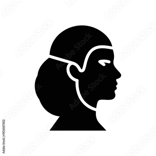 A black and white icon of a woman's head