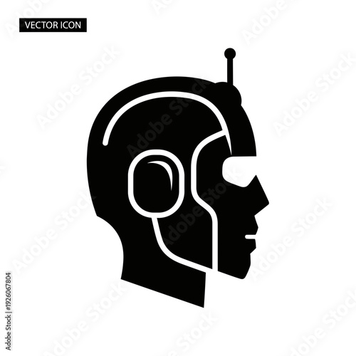 A black and white illustration of a robot head with a headset
