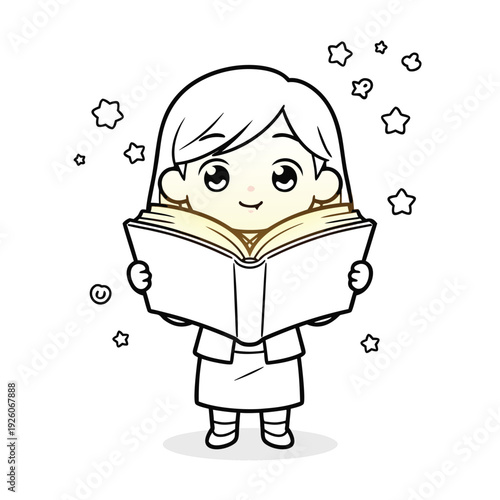 Chibi girl engrossed in reading a book with glowing pages.