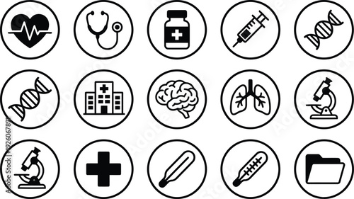 Collection of simple medical and science icons for healthcare and research concepts