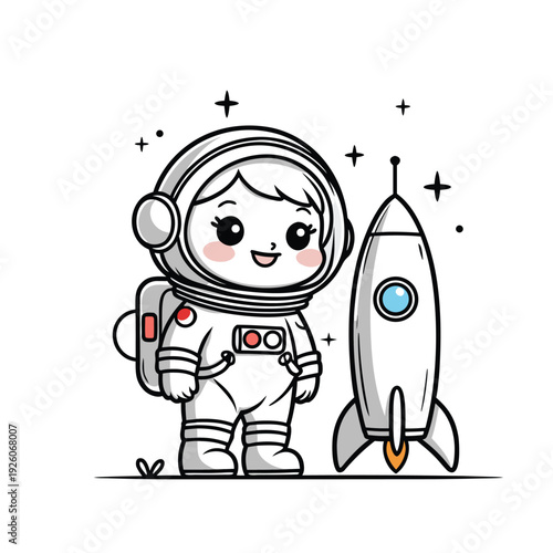 Cute astronaut character standing next to a rocket in a charming cartoon style.