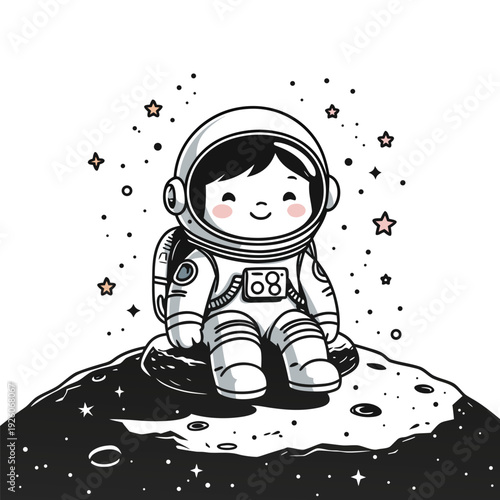 Cute astronaut character sitting on a celestial body in a space suit.