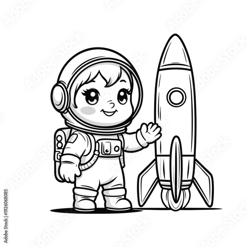 Cute astronaut character standing next to a rocket in a playful cartoon style.