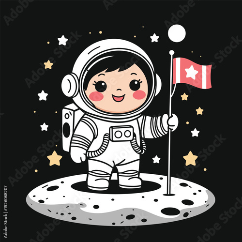 Cute astronaut character standing on the moon with a flag.