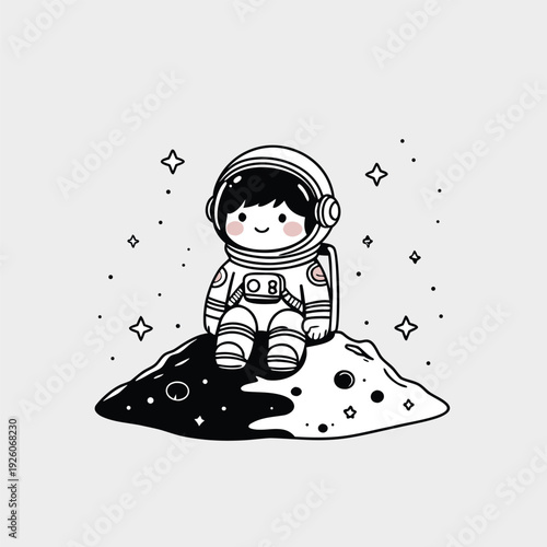 Cute Astronaut Sitting on a Stylized Planet in Space.