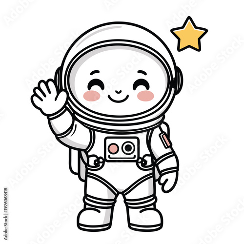 Cute cartoon astronaut waving with a friendly smile and a star.