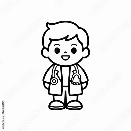 Cute cartoon doctor character in lab coat with stethoscope line art illustration.