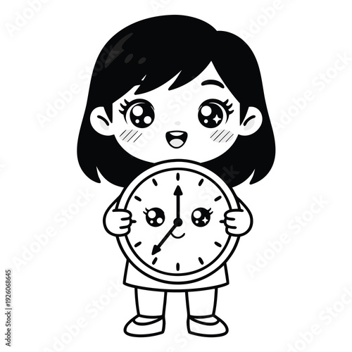 Cute cartoon girl holding a happy clock black and white illustration.