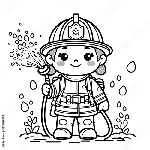 Cute cartoon firefighter in uniform holding a hose spraying water.
