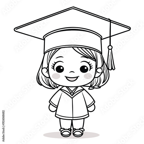 Cute cartoon girl in graduation cap and gown black and white outline.
