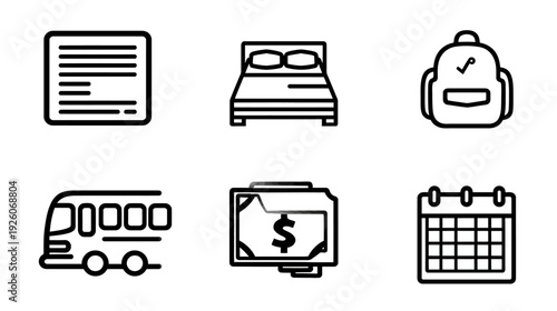 Travel planning icons set: document, bed, backpack, bus, money, and calendar. Essential elements for vacation organization.