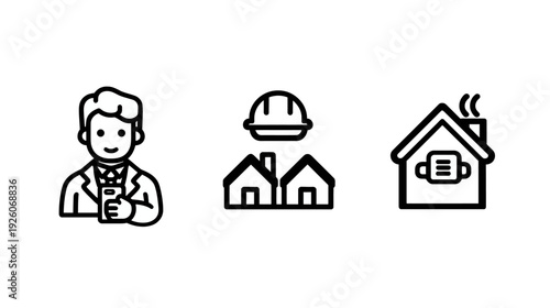 Real estate, construction, and home services vector line icons: professional, architect with houses, and house with HVAC system.