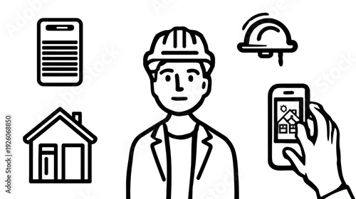 Building professional with hard hat, smartphone, and house icons for property inspection, real estate management, and construction services.