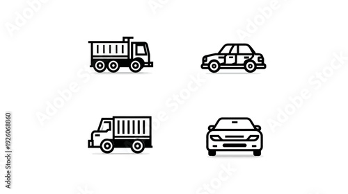 Collection of black and white line art vehicle icons including cars and trucks. Simple transportation design elements.