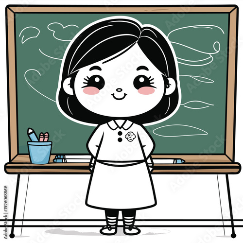 Cute cartoon girl student standing in front of a classroom blackboard.