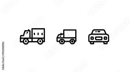 Set of three outline vector icons: large delivery truck, smaller utility vehicle, and passenger car. Minimalist transportation symbols.